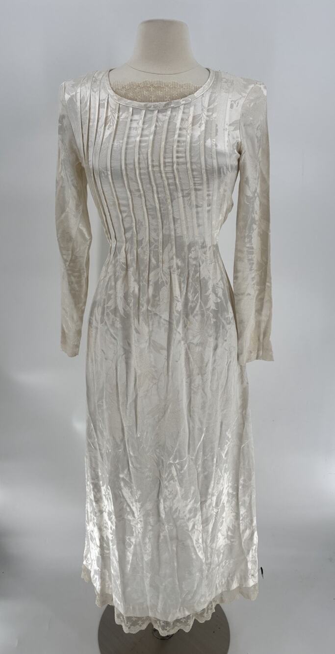 Vintage Marnie West Dress Womens Small Ivory Satin Belted Maxi Floral Pleated